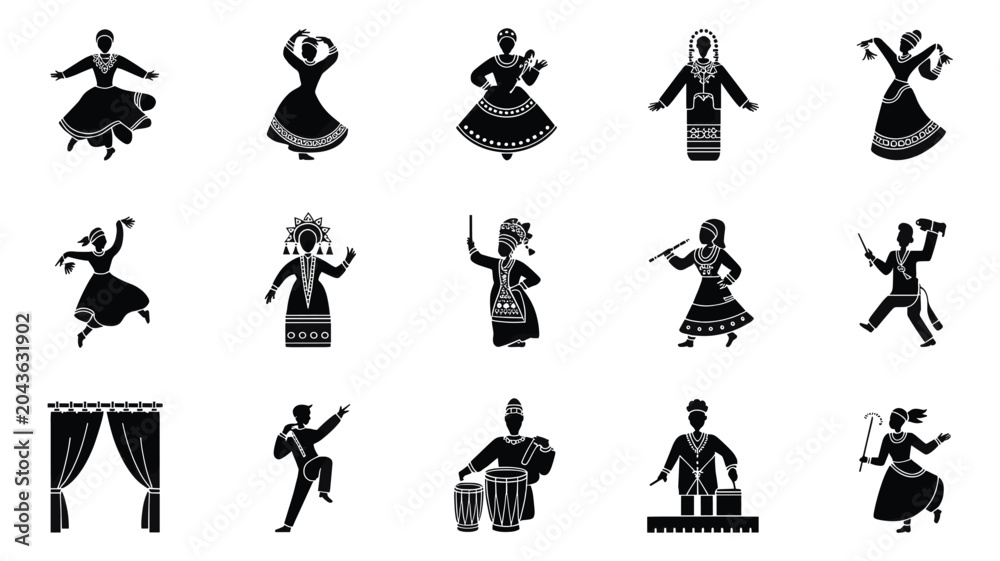 Obraz premium Set of 15 Black and White Traditional Folk Dance Silhouettes Vector Icons
