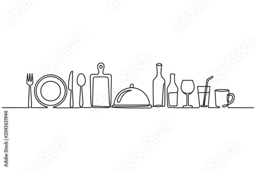 Foto Continuous single line drawing of restaurant tableware dinner service set with r