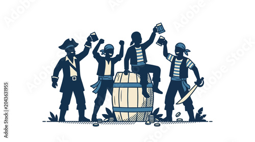 Fotografie Group of four cartoon pirates celebrating with mugs of ale around a wooden barrel