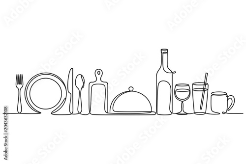 Fotografía Continuous single line drawing of professional dining service utensils set with