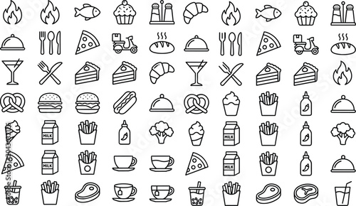 Schilderij op canvas Set of black and white line food and drink featuring pizza slices burgers cupcak