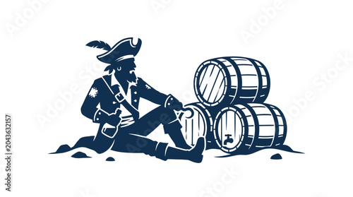 Tableau sur toile A silhouette illustration of a pirate sitting next to a stack of wooden barrels