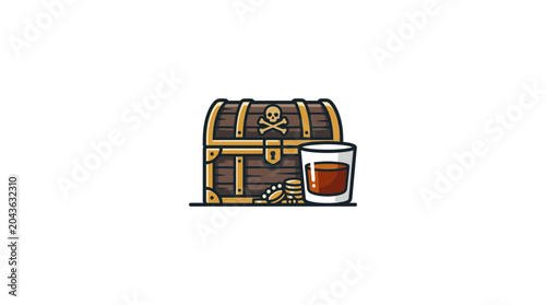 Obraz na płótnie A detailed illustration of a wooden pirate treasure chest next to a glass of rum
