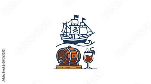 Foto Pirate ship sailing on waves with a wooden rum barrel and a cocktail glass