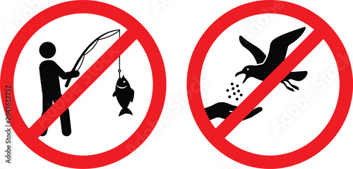 Two circular red prohibition signs featuring black silhouettes of a person fishing with a rod and a hand feeding a flying seagull with small crumbs on a plain white background
