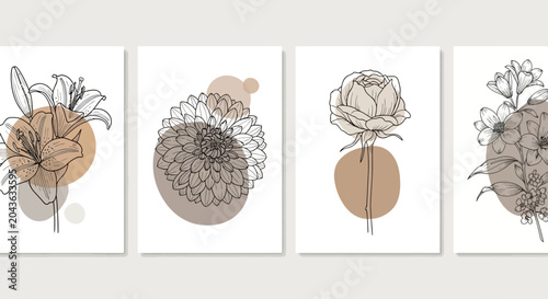 Abstract botanical line art illustrations featuring delicate flowers and organic shapes in a minimalist aesthetic