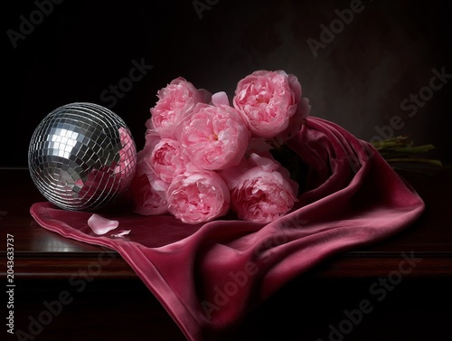 A chic still life featuring pink peonies, a sparkling disco ball, and a rich red drape on a wooden table.