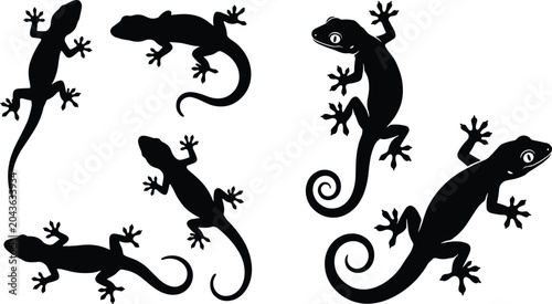 Tableau sur toile Black gecko lizard silhouettes collection featuring crawling tropical reptiles i