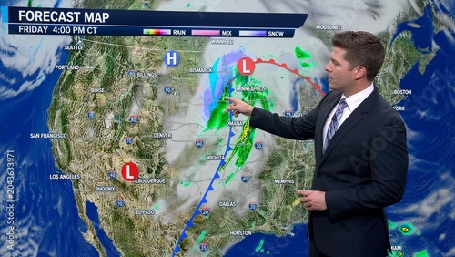 Male Meteorologist Presenting Weather Forecast Map on News Broadcast