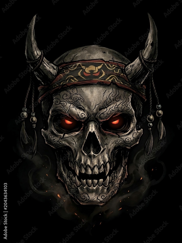 Fototapeta premium Fierce Demon Skull with Glowing Red Eyes and Tribal Headband.