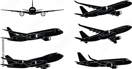 Photos Commercial passenger airplane black silhouettes vector set featuring flying jet