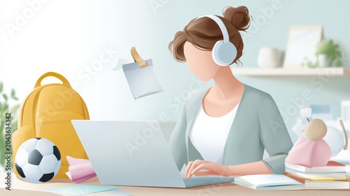 Remote working parent organizing children school materials at laptop with headphones and backpack for home office productivity and family multitasking