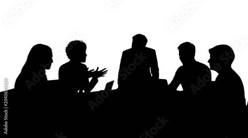 Silhouette people meeting around a table isolated on transparent background, Vector