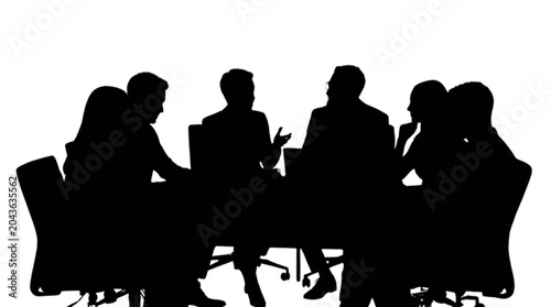 Silhouette of business team meeting around table isolated on transparent background, Vector