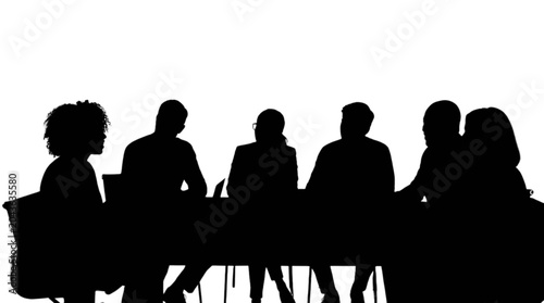 Silhouette of people meeting around a table isolated on transparent background, Vector