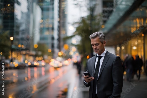 Businessman on a city street checking his smartphone amid urban traffic and tall glass buildings