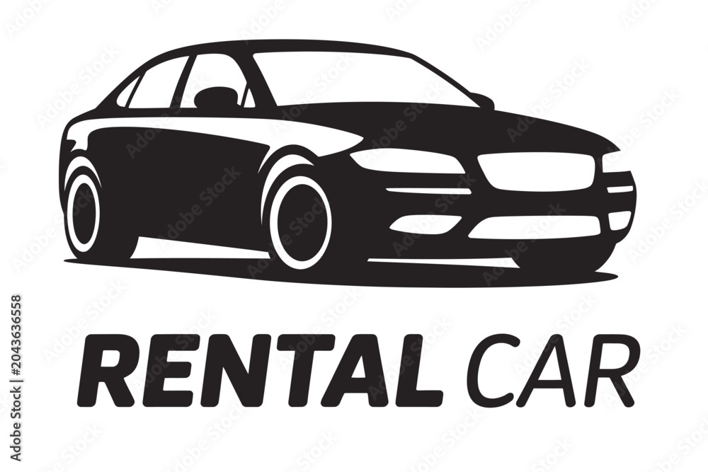 Fototapeta premium Minimalist black and white vector icon featuring a sleek sedan car silhouette for rental car services and automotive branding.