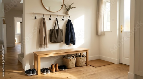 Modern entryway with coat rack.