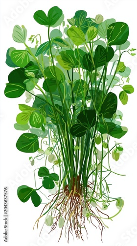 Botanical vector illustration of a green legume plant with roots. Detailed biological diagram showing root system and leaves isolated on white background