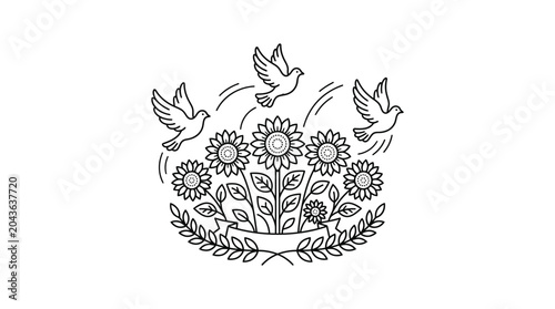 Photos Line art illustration featuring three flying doves above a bouquet of sunflowers