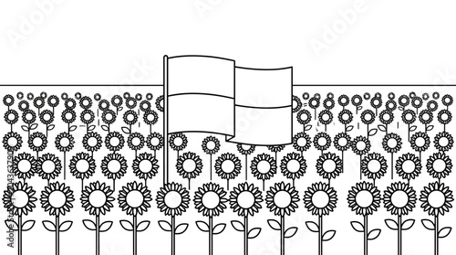 Tableau sur toile A black and white line art illustration of the Ukrainian flag waving over a field of sunflowers