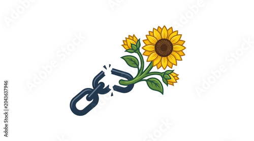 Photos A broken metal chain link transforming into a vibrant sunflower illustration