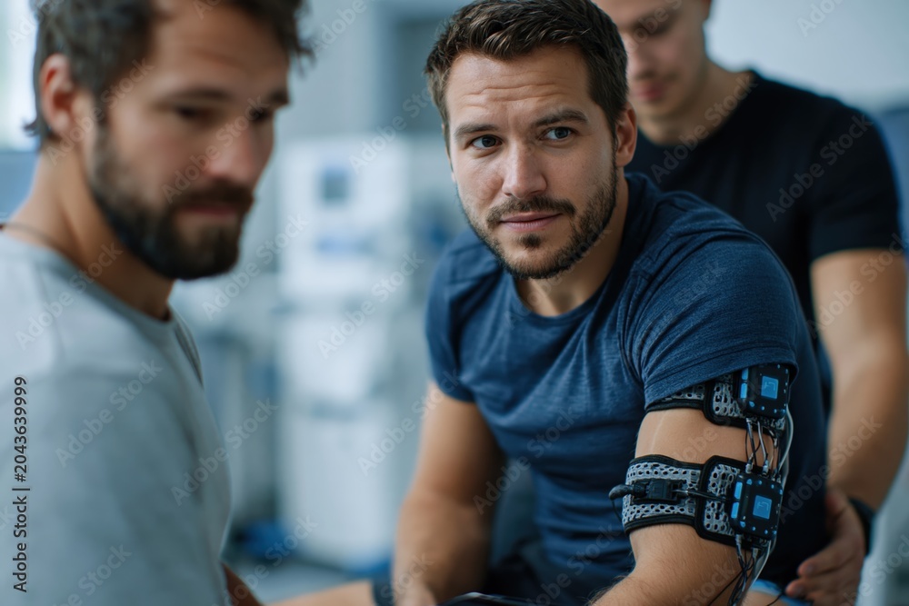 Fototapeta premium Rehabilitation engineer calibrating wearable motion sensors on patient in medical lab