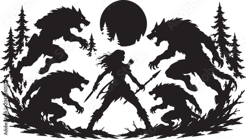 Vászonkép Epic Fantasy Silhouette of a Brave Female Huntress Fighting a Pack of Fierce Werewolves in a Dark Moonlit Forest, Powerful Woman Warrior Battling Savage Lycanthropes at Night Illustration