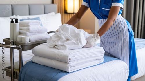 Housekeeper changing fresh bed sheets in hotel room