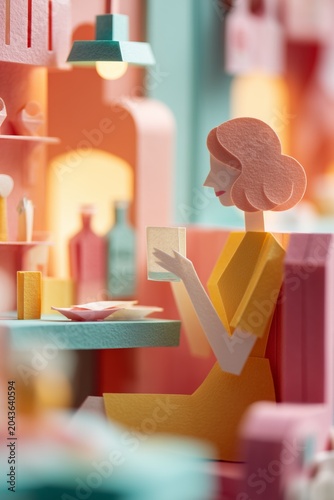 A delicate papercut illustration featuring a woman enjoying a drink in a vibrant, pastel-colored caf? setting.