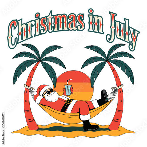 Christmas in july santa relaxing on beach in hammock under palm trees with sunset drink.