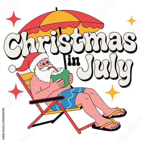 Christmas in july santa relaxing on beach chair under umbrella drinking coconut.