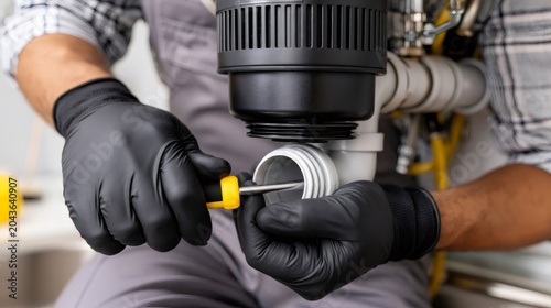 Plumber hands fixing kitchen sink garbage disposal units