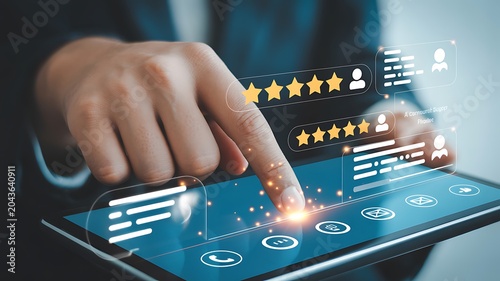 Male Executive Rating Customer Satisfaction on Interactive Virtual Screen with Happy Smiley Face and Star Ranking for Business Excellence and Service Quality