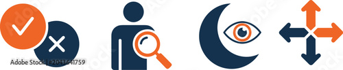 Photos User experience interface icons set, check cancel search visibility navigation a