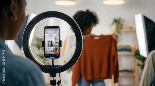 Smartphone on ring light tripod broadcasting live stream of fashion blogger selling clothes online in home studio