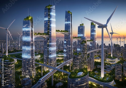 Futuristic ecofriendly city with skyscrapers, wind turbines, and elevated trains at sunset