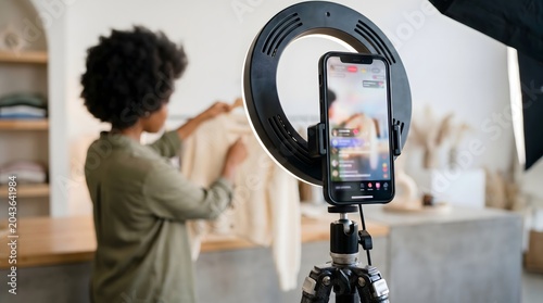 Digital broadcasting concept with smartphone recording fashion seller holding hanger during online live shopping show
