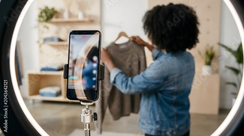 Professional ring light setup with mobile phone broadcasting ecommerce live shopping show for digital marketing