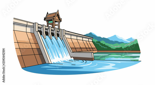 Large dam with water cascading down into a lake, backed by mountains
