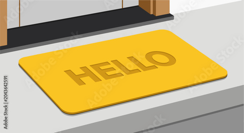 A bright yellow welcome mat with 