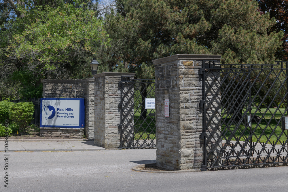 Naklejka premium entrance gate at Pine Hills Cemetery and Funeral Centre, 625 Birchmount Rd, Scarborough, Toronto