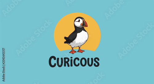 A cartoon puffin stands in front of a yellow circle against a blue background