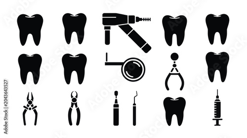 Photos Set of 15 Black Dental Tools and Teeth Icons Vector