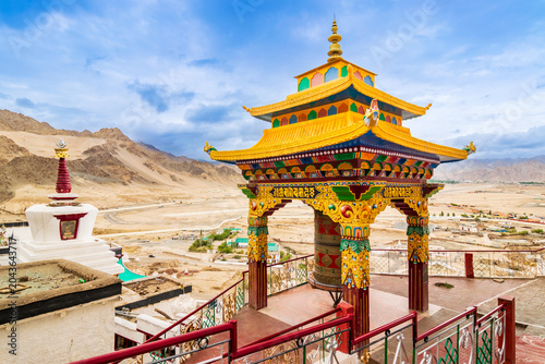 Fotografi Prayer wheel pavilion of Spituk Monastery, Spituk Gompa or Pethup Gompa,Buddhist monastery in Spituk, Leh district, Ladakh, India