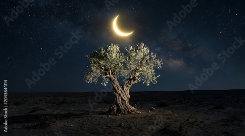 A venerable olive tree stands beneath a brilliant crescent moon and starry Muharram night sky, evoking deep reflection and the profound spiritual essence of enduring wisdom
