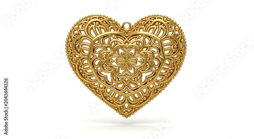Intricate gold heartshaped pendant with ornate filigree pattern isolated on white background