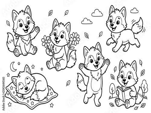 Photography Cute wolf pup coloring book page for kids featuring five different cartoon fox c