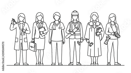 Fotografi Line art illustration of diverse professional women in various career roles standing together