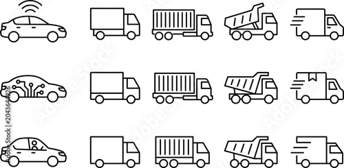 Cuadro en lienzo Transportation and logistics line icon set featuring smart cars delivery trucks